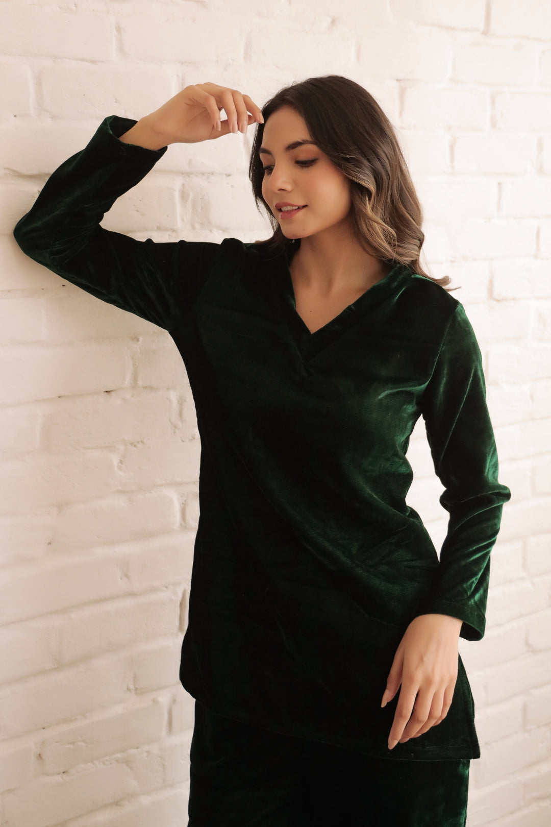 Women's Bottle Green Velvet V-Neck Co-ord Set - Warm & Stylish | Co-Ord Set | Shop stylish women's clothing online at Label Flavia |