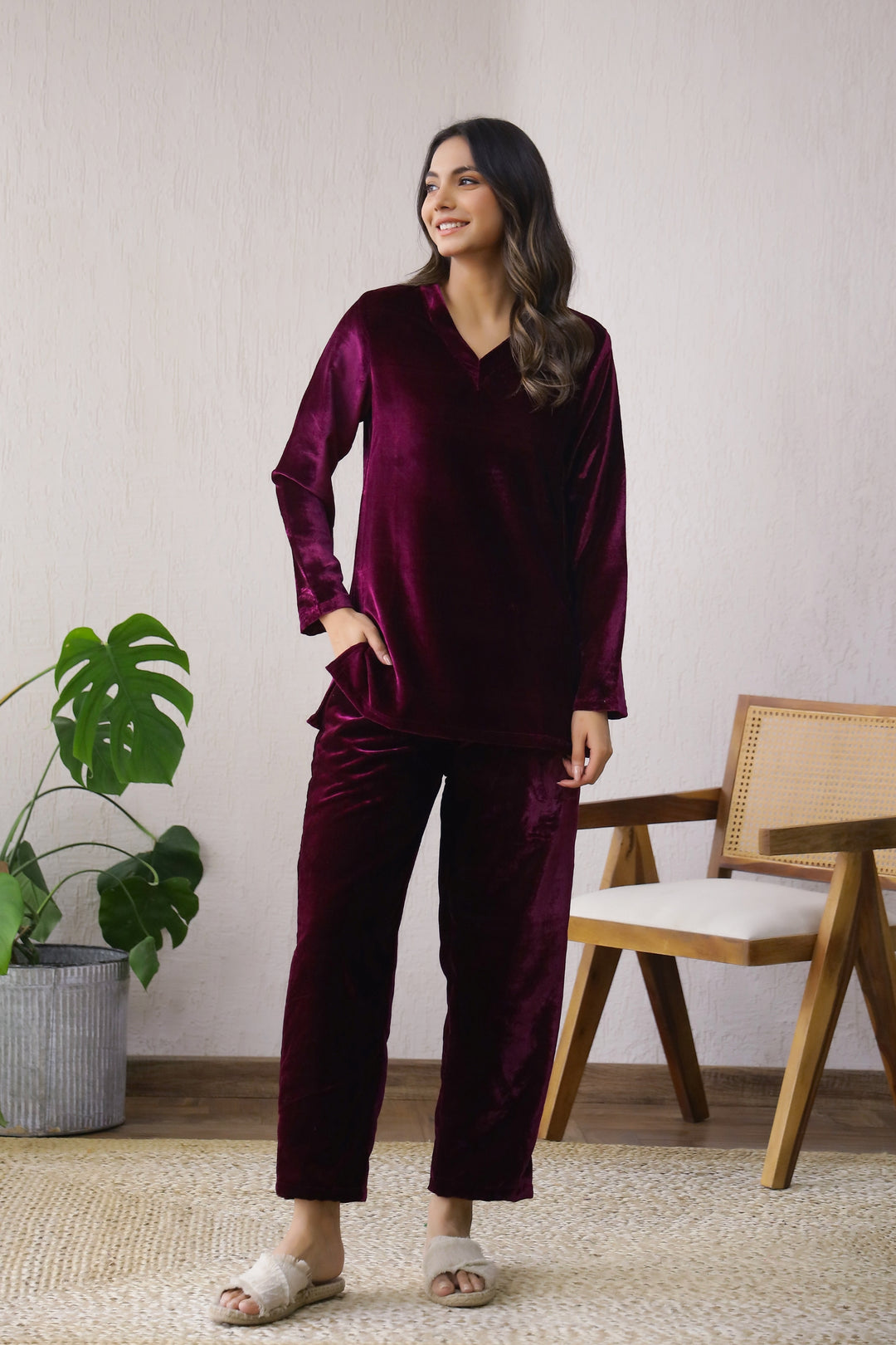 Women's Wine Velvet Co-ord Set - Rich & Luxurious | Co-Ord Set | Shop stylish women's clothing online at Label Flavia |