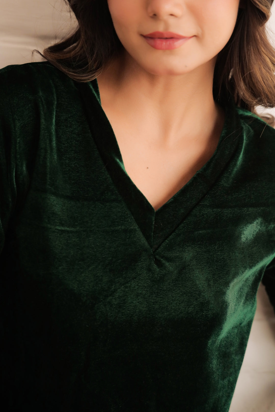 Women's Bottle Green Velvet V-Neck Co-ord Set - Warm & Stylish | Co-Ord Set | Shop stylish women's clothing online at Label Flavia |