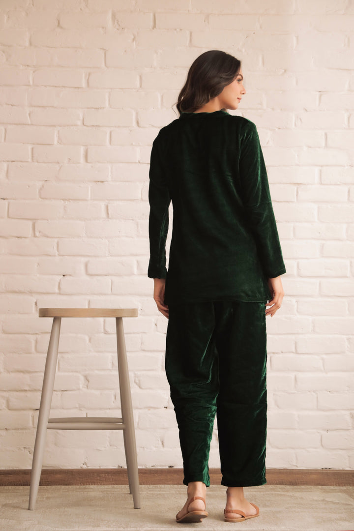 Women's Bottle Green Velvet V-Neck Co-ord Set - Warm & Stylish | Co-Ord Set | Shop stylish women's clothing online at Label Flavia |