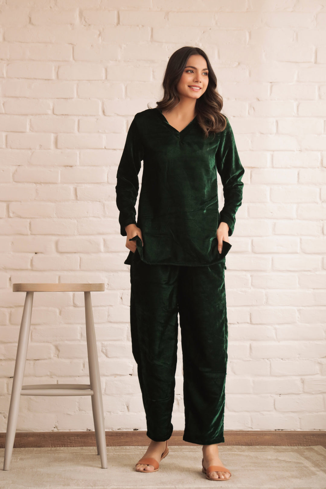 Women's Bottle Green Velvet V-Neck Co-ord Set - Warm & Stylish | Co-Ord Set | Shop stylish women's clothing online at Label Flavia |