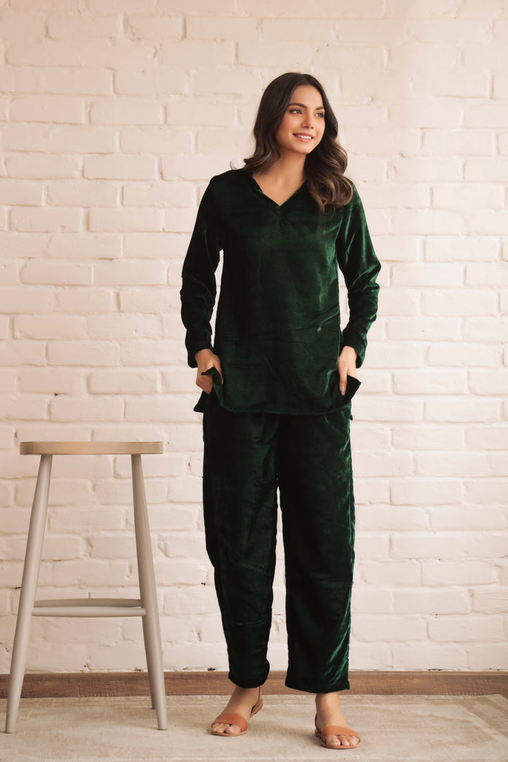 Women's Bottle Green Velvet V-Neck Co-ord Set - Warm & Stylish | Co-Ord Set | Shop stylish women's clothing online at Label Flavia |