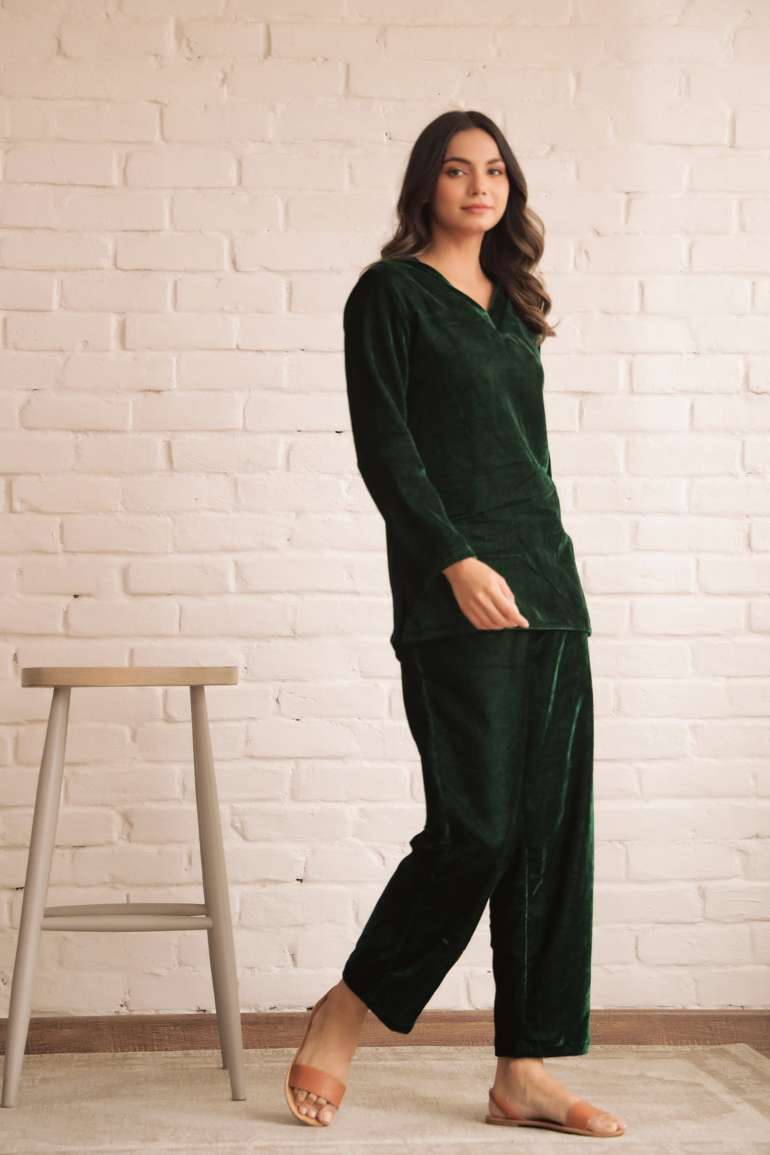 Women's Bottle Green Velvet V-Neck Co-ord Set - Warm & Stylish | Co-Ord Set | Shop stylish women's clothing online at Label Flavia |