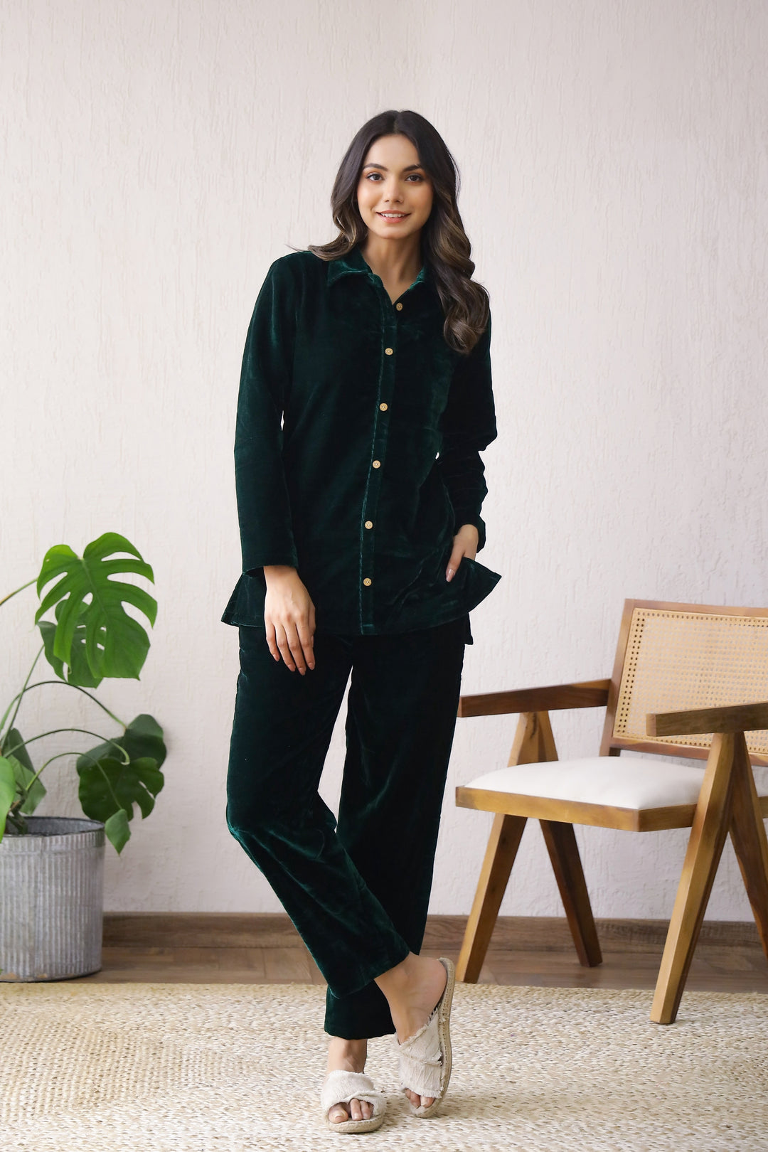 Bottle Green Velvet Co-ord Set - Button-Down Shirt & Trousers | Co-Ord Set | Shop stylish women's clothing online at Label Flavia |