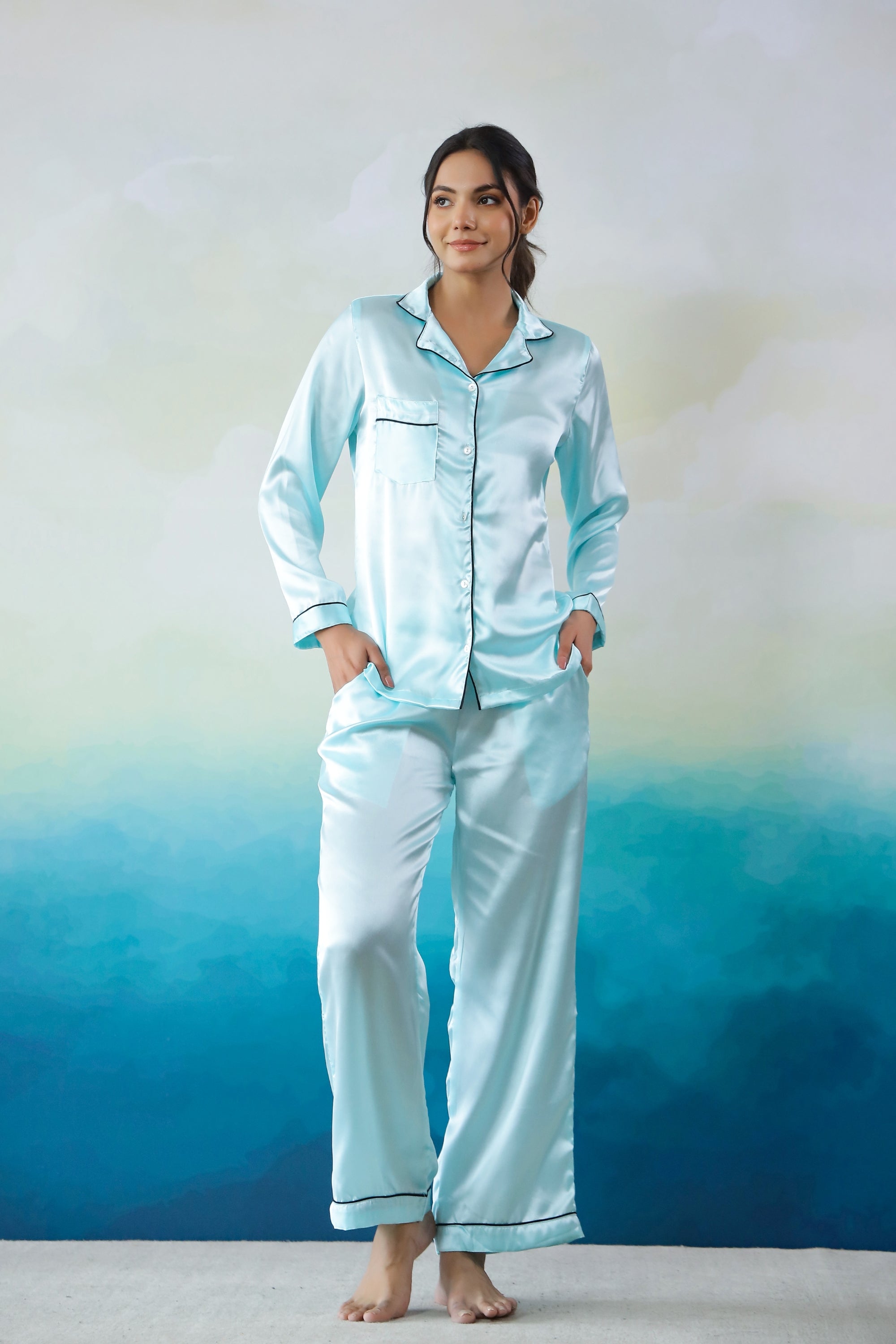 Silk Night Suit Sky Blue Satin Night Suit Soft Stylish Sleepwear