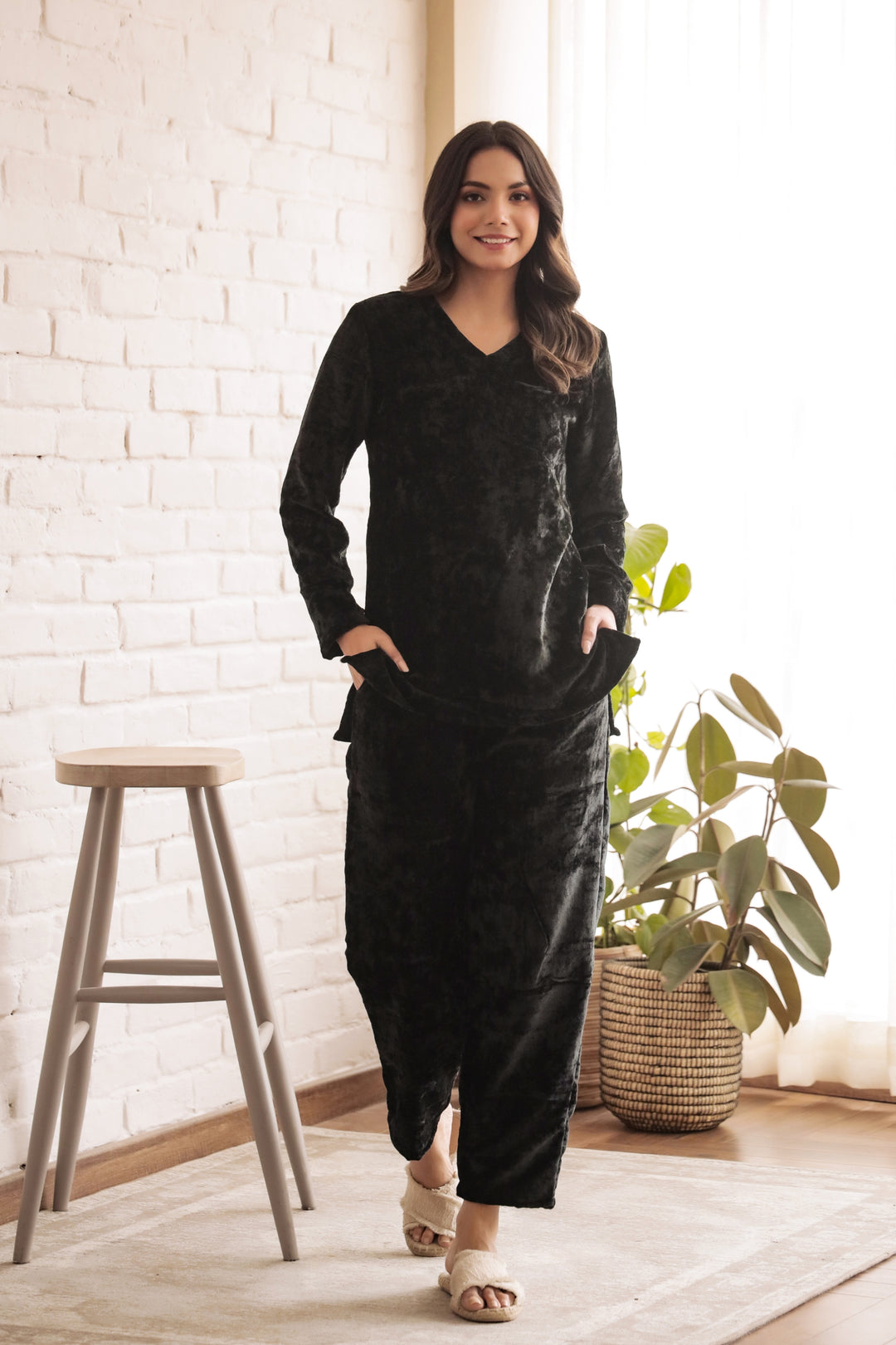 Women's Black Velvet V-Neck Co-ord Set - Soft & Stylish | Co-Ord Set | Shop stylish women's clothing online at Label Flavia |