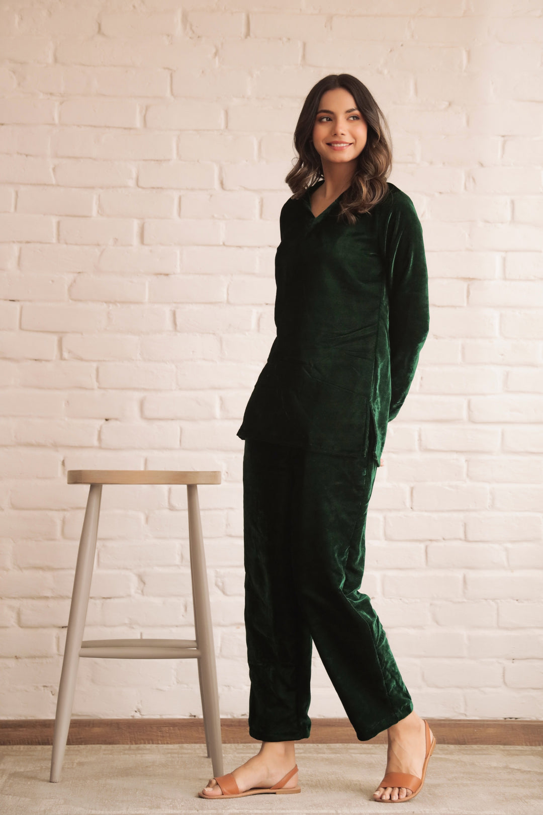 Women's Bottle Green Velvet V-Neck Co-ord Set - Warm & Stylish | Co-Ord Set | Shop stylish women's clothing online at Label Flavia |