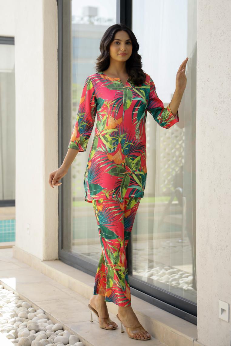 Jungle Leaf Print Pajama Set with Matching Headband Lively Trendy