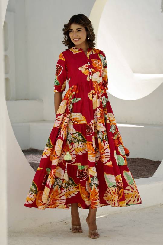 Vibrant Red Floral Maxi Dress with Tropical Patterns