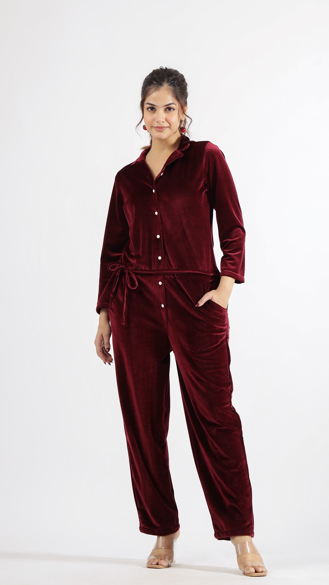 Luxurious Maroon Velvet Jumpsuit with Belt and Collared Neck