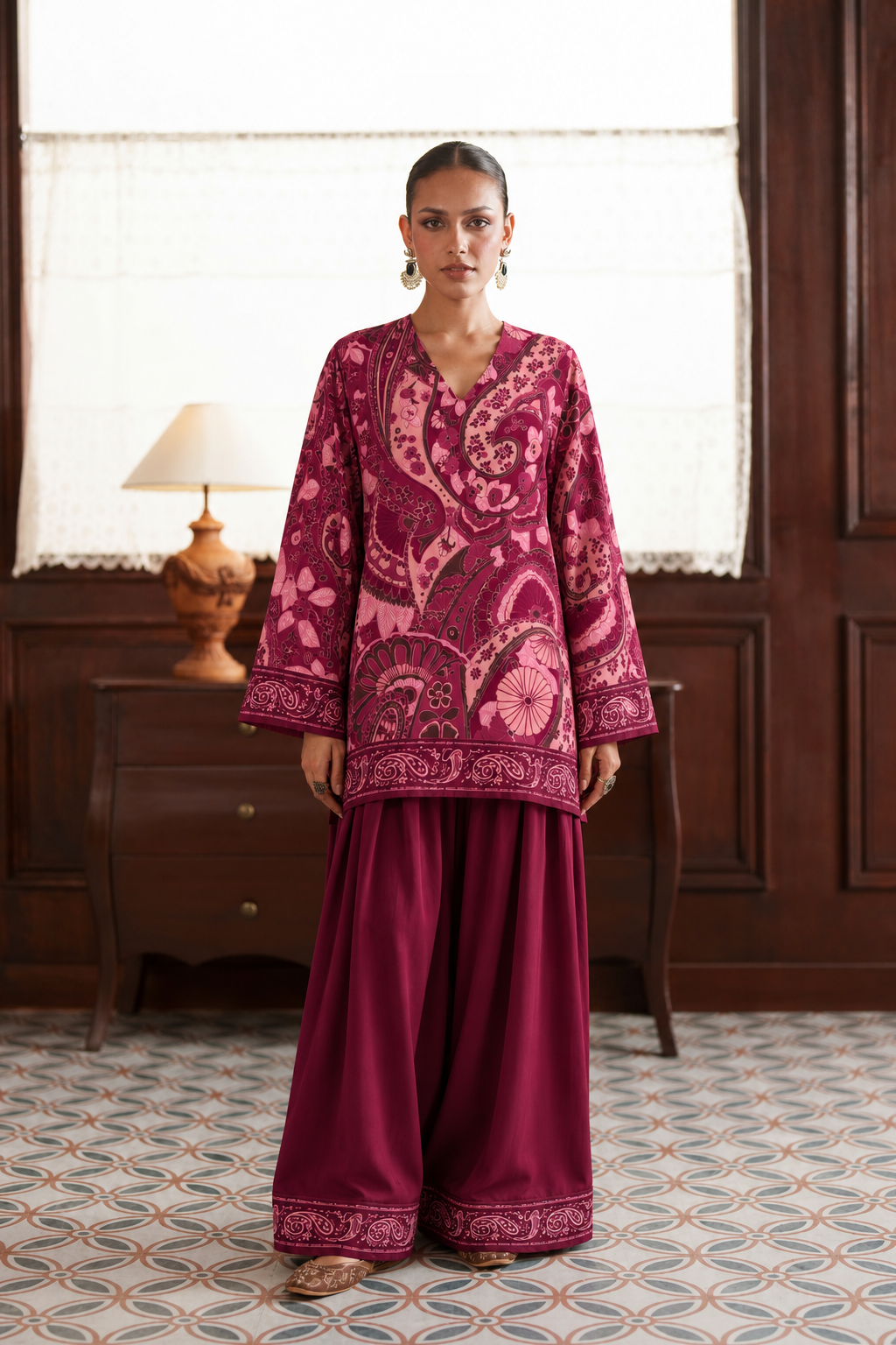 Rose Paisley Palazzo Farsi Salwar front view