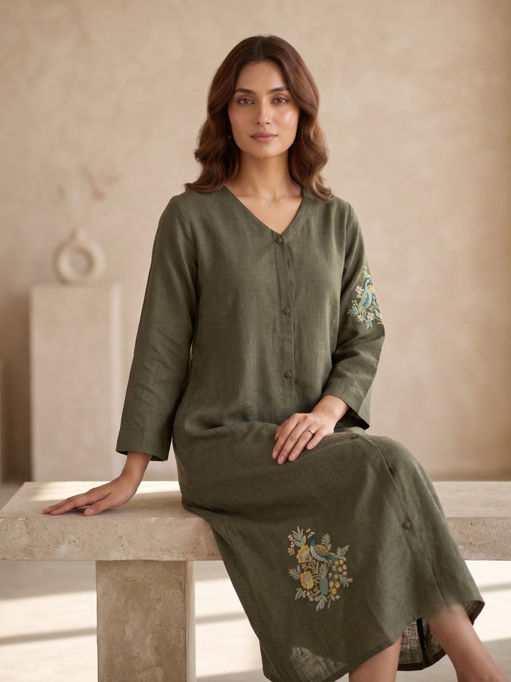Olive Meadow Embroidered A-Line Dress