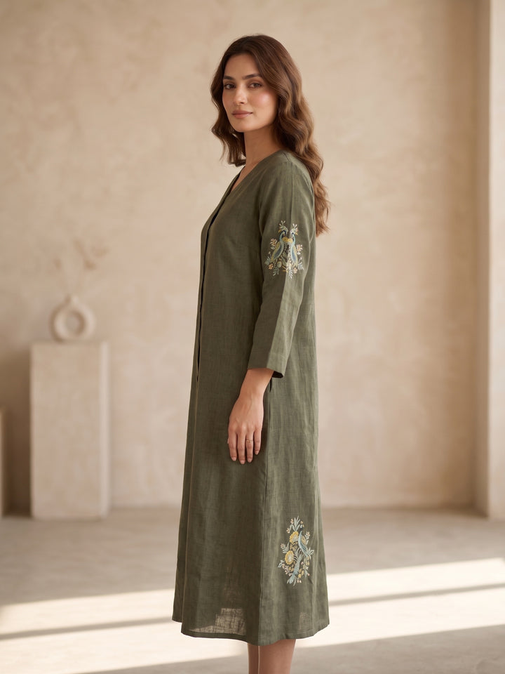 Olive Meadow Embroidered A-Line Dress