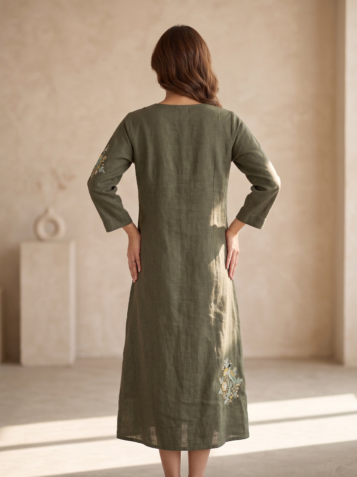Olive Meadow Embroidered A-Line Dress
