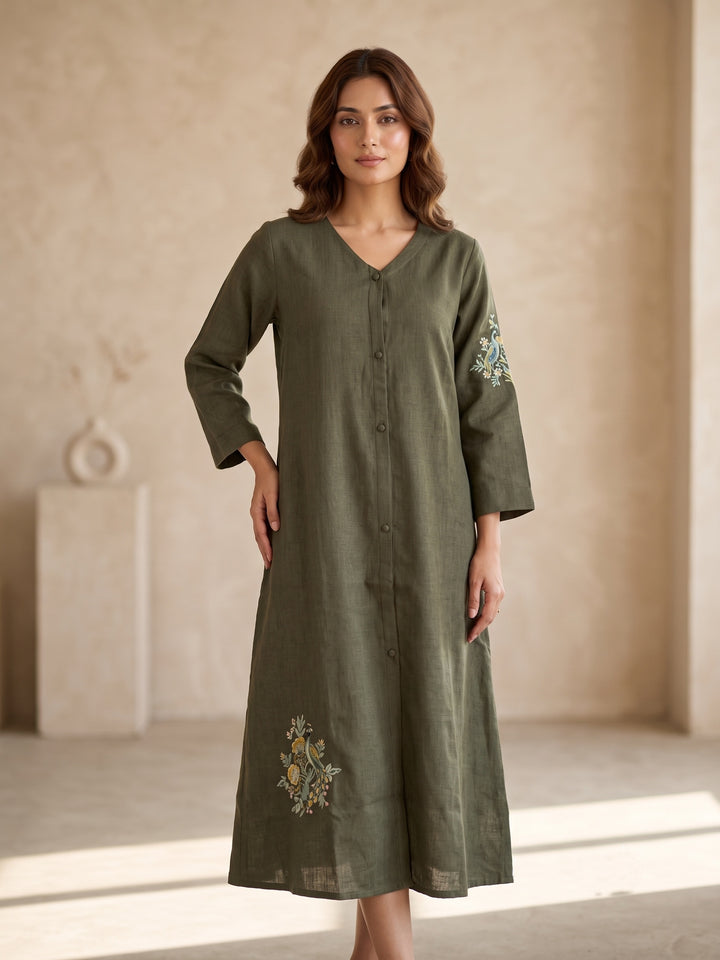 Olive Meadow Embroidered A-Line Dress