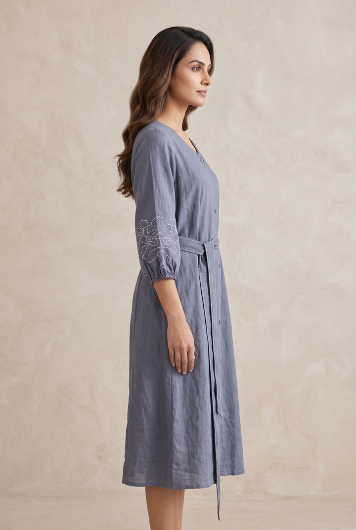 The Slate Bloom Belted Shirt Dress