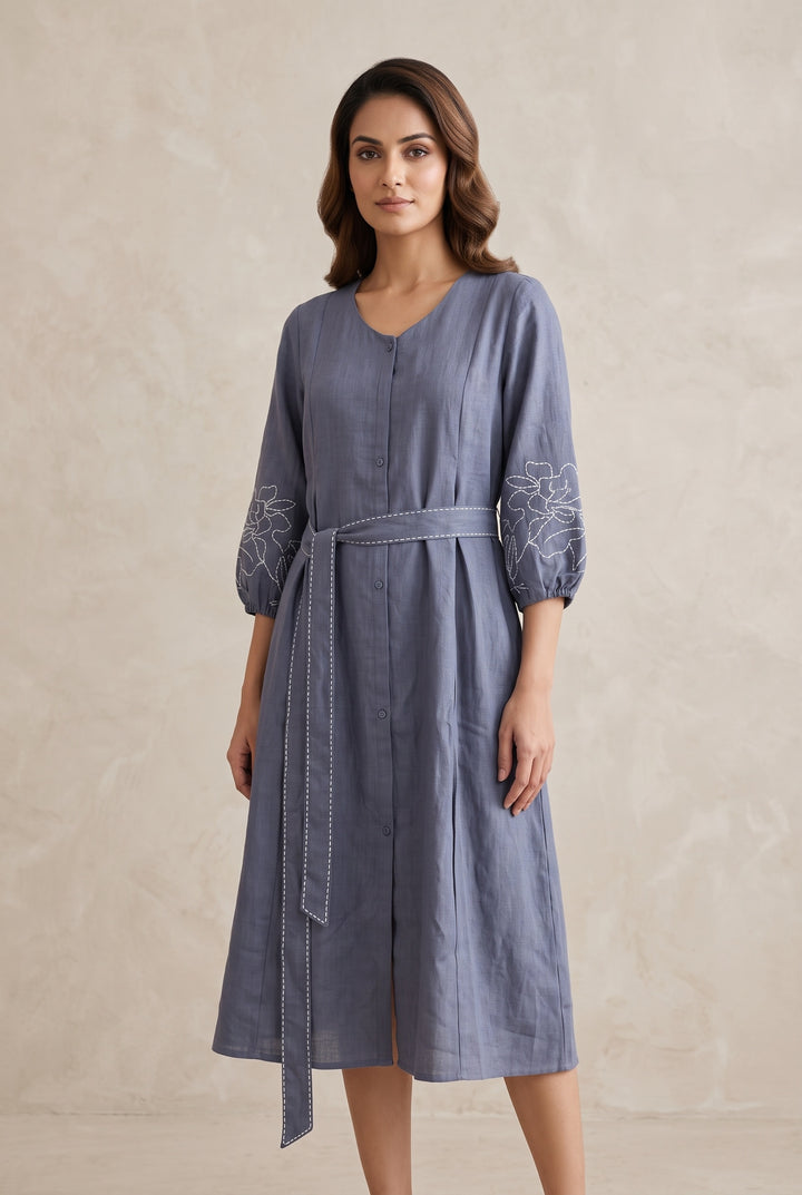 The Slate Bloom Belted Shirt Dress