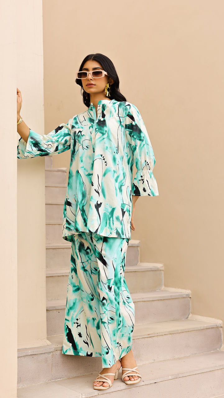 Aqua Abstract Co-ord Set for Women