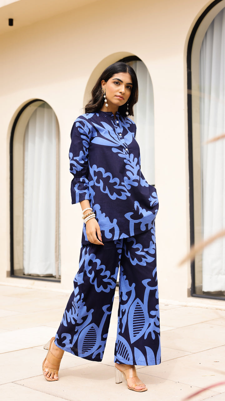 Midnight Blue Leaf Print Co-ord Set