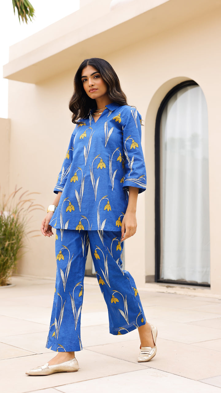 Blue Floral Co-ord Set with Yellow Blooms
