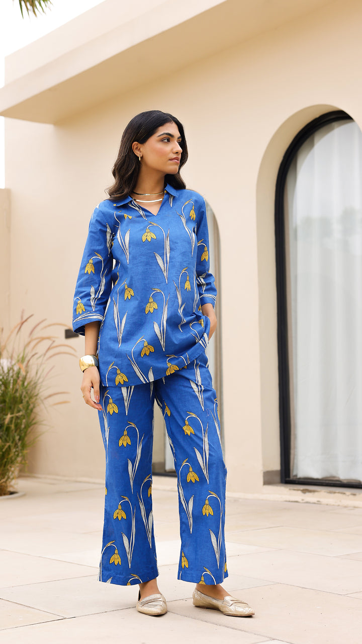 Blue Floral Co-ord Set with Yellow Blooms