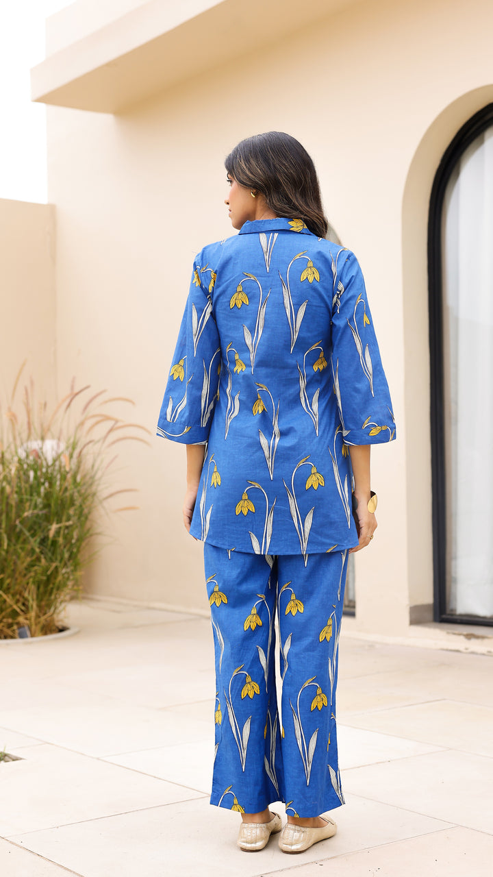 Blue Floral Co-ord Set with Yellow Blooms