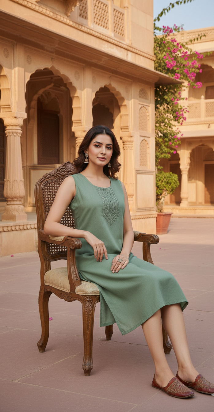 Sage Green Sleeveless Straight Kurti with Embroidered Yoke