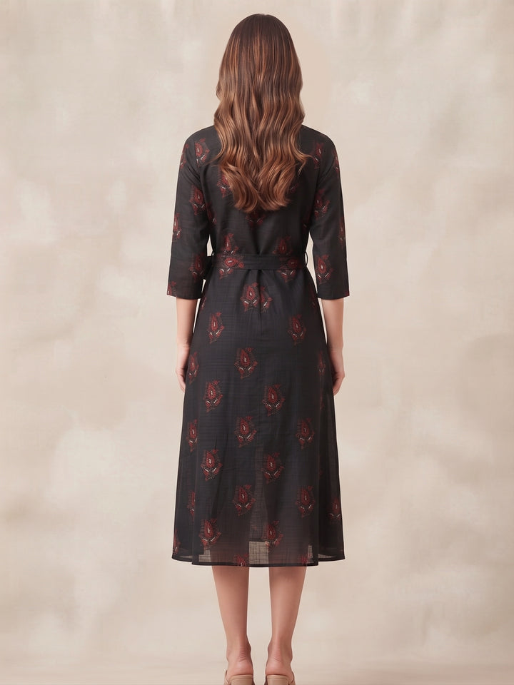 Midnight Motif Printed Tie-Waist Dress