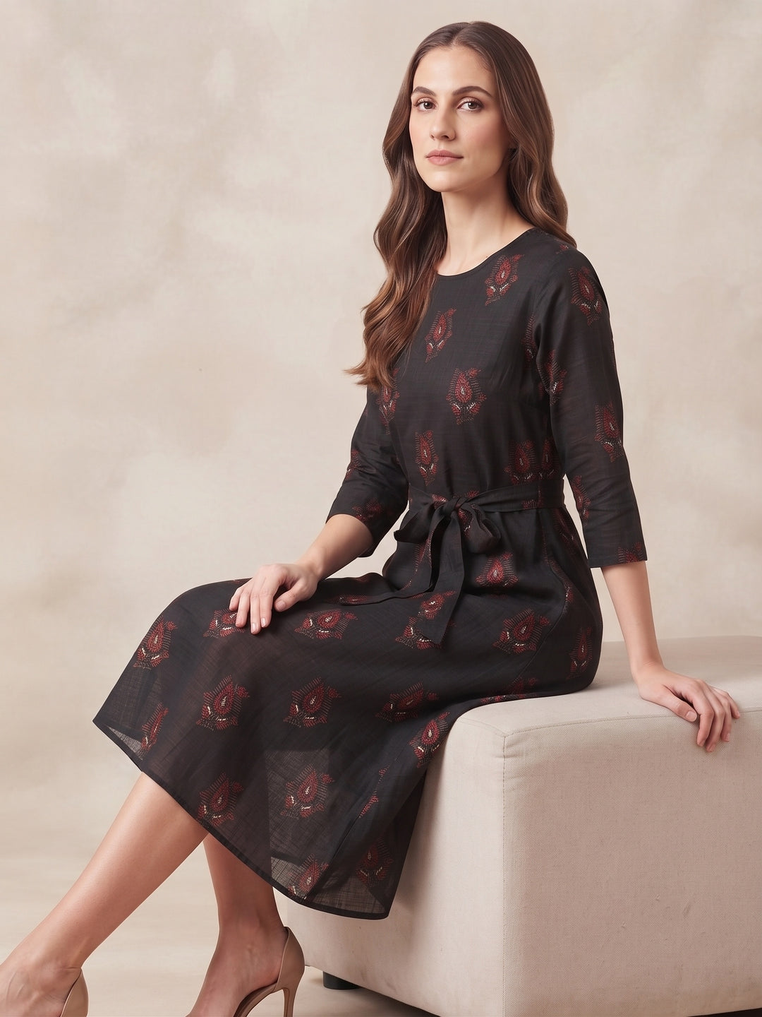 Midnight Motif Printed Tie-Waist Dress