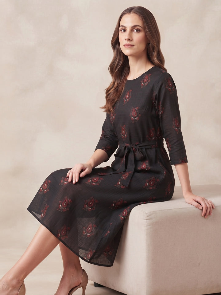 Midnight Motif Printed Tie-Waist Dress