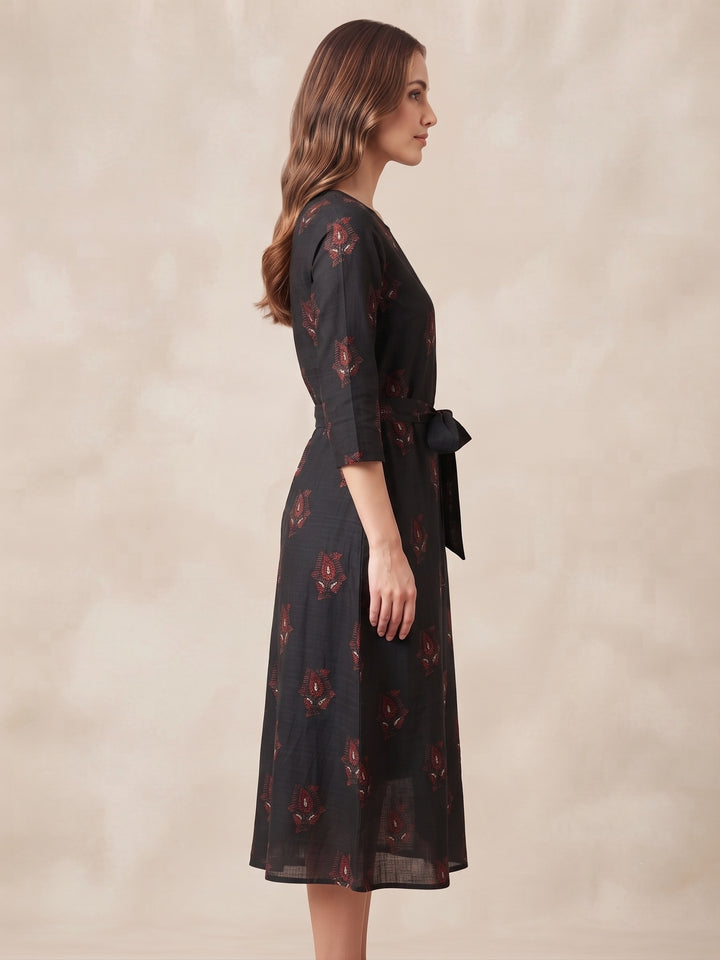 Midnight Motif Printed Tie-Waist Dress