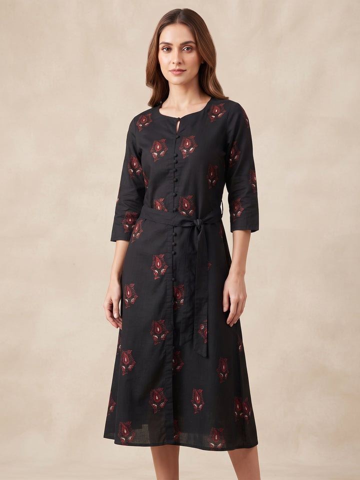 Midnight Motif Printed Tie-Waist Dress