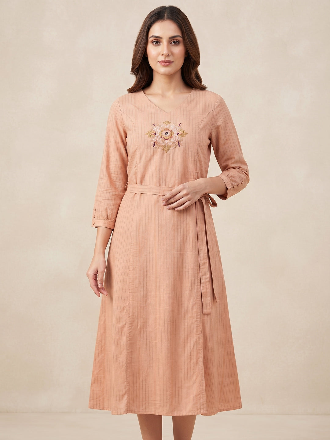 Peach Blossom Embroidered Tie-Waist Dress
