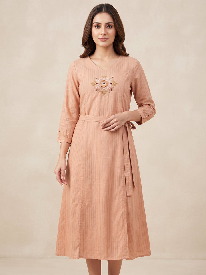 Peach Blossom Embroidered Tie-Waist Dress