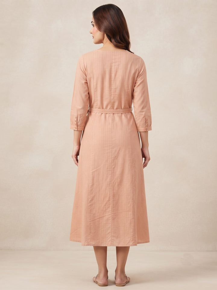 Peach Blossom Embroidered Tie-Waist Dress