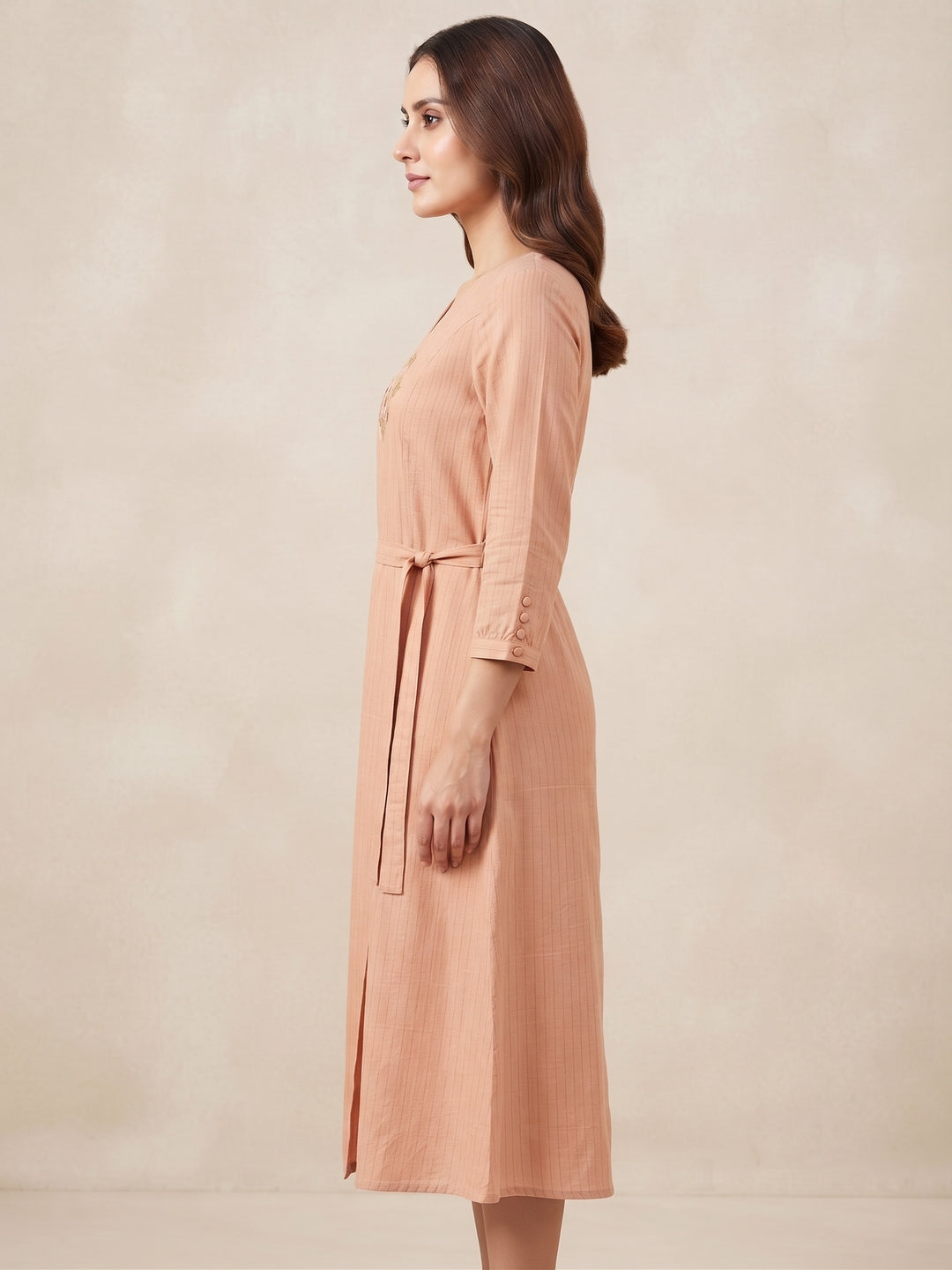 Peach Blossom Embroidered Tie-Waist Dress