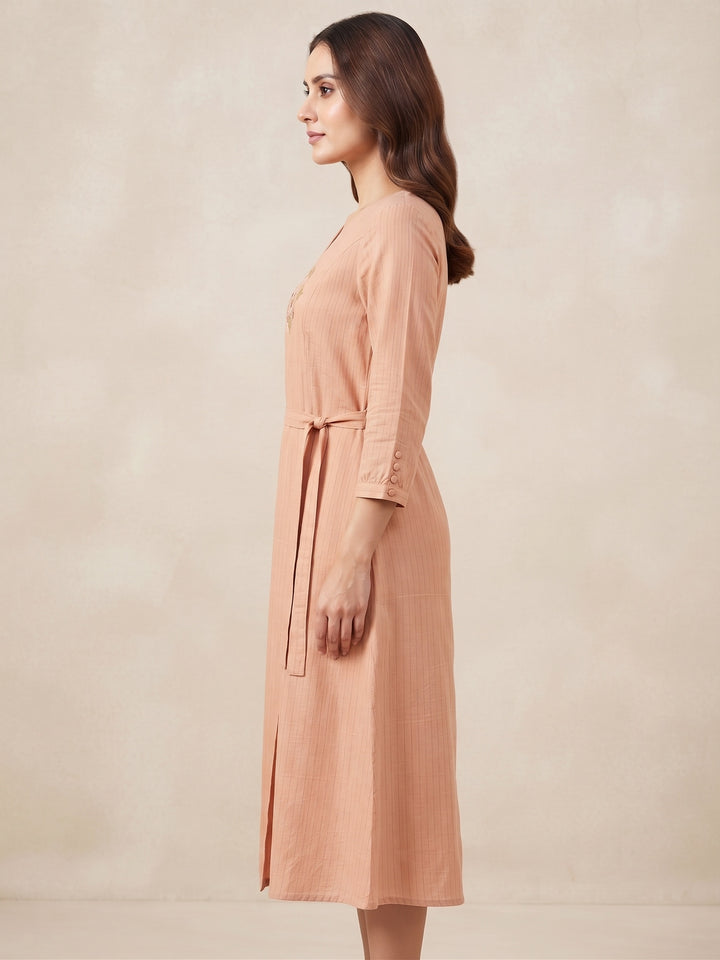 Peach Blossom Embroidered Tie-Waist Dress