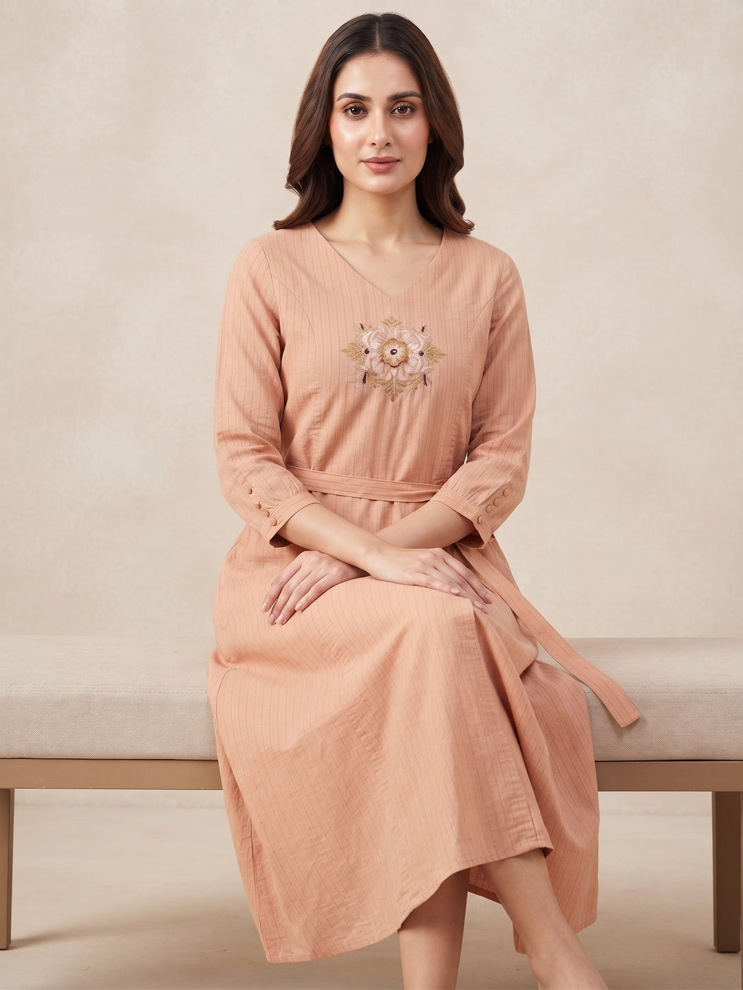 Peach Blossom Embroidered Tie-Waist Dress