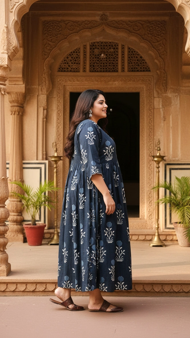 Plus Size Cotton Black Floral Printed Gown