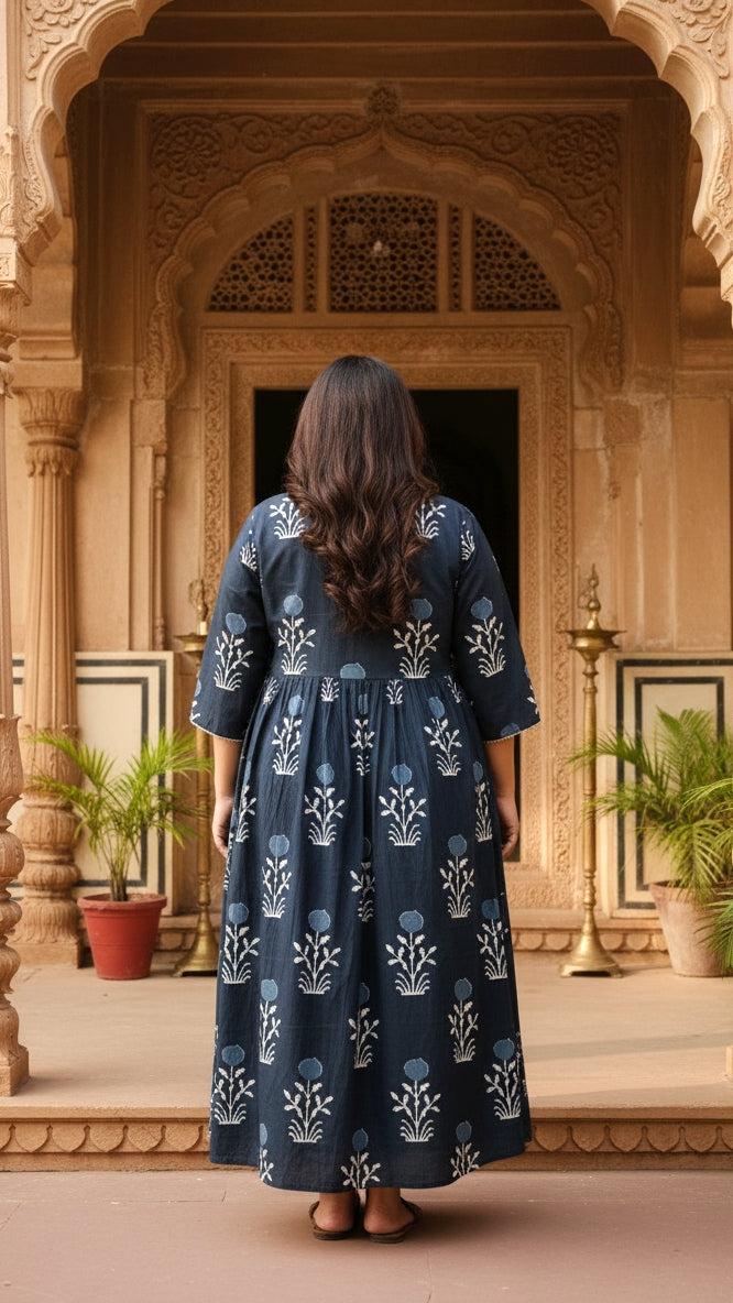 Plus Size Cotton Black Floral Printed Gown