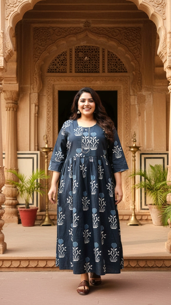 Plus Size Cotton Black Floral Printed Gown