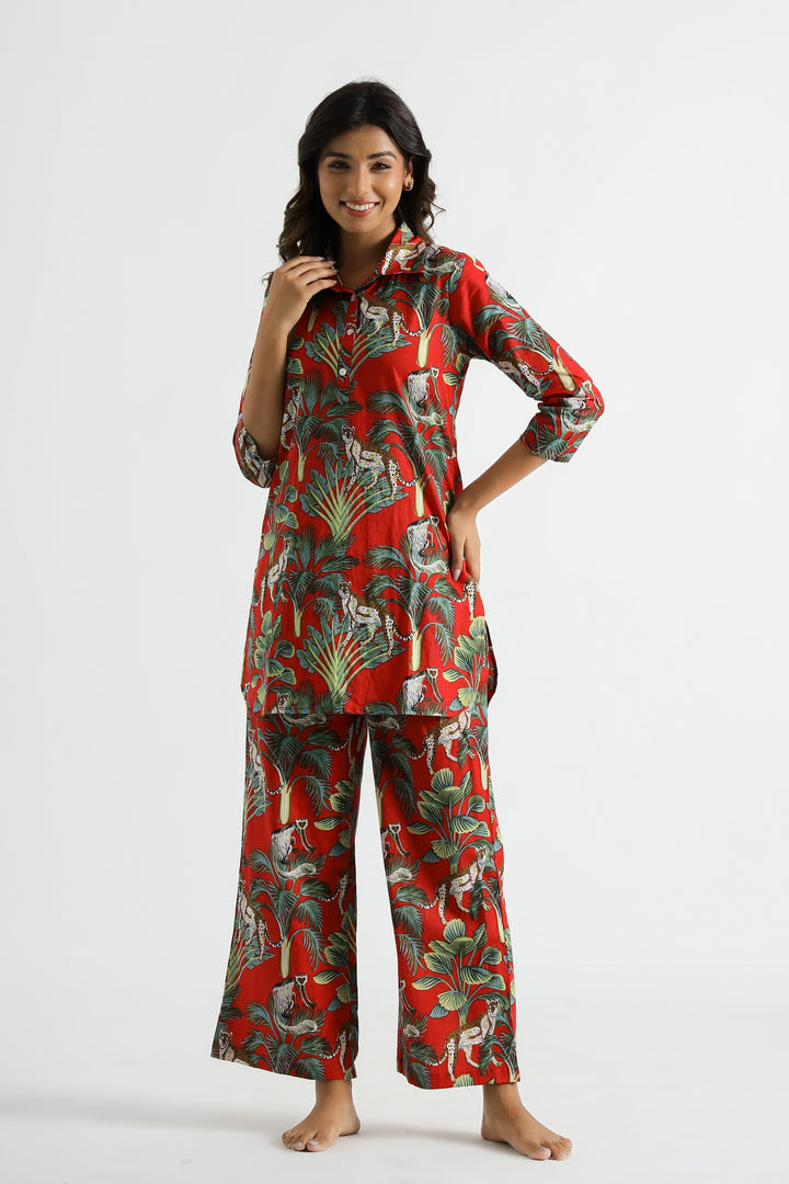 Dark Red Jungle Collared Cotton Lounge Co-Ord Set with 3 button