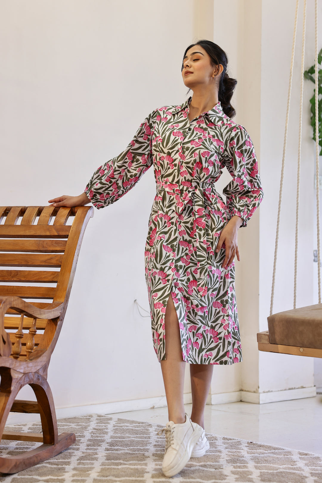 Lovely Flower Pink Cotton Printed Belt Dress – Spring Essential