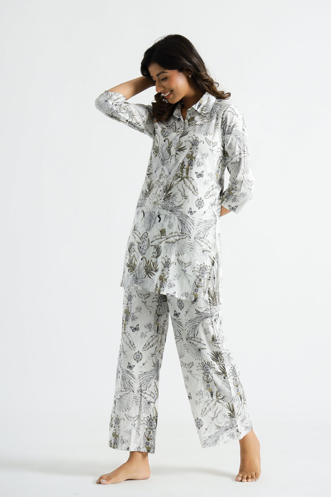 White & Gold Jungle Collared Cotton Lounge Co-Ord Set with 3 button