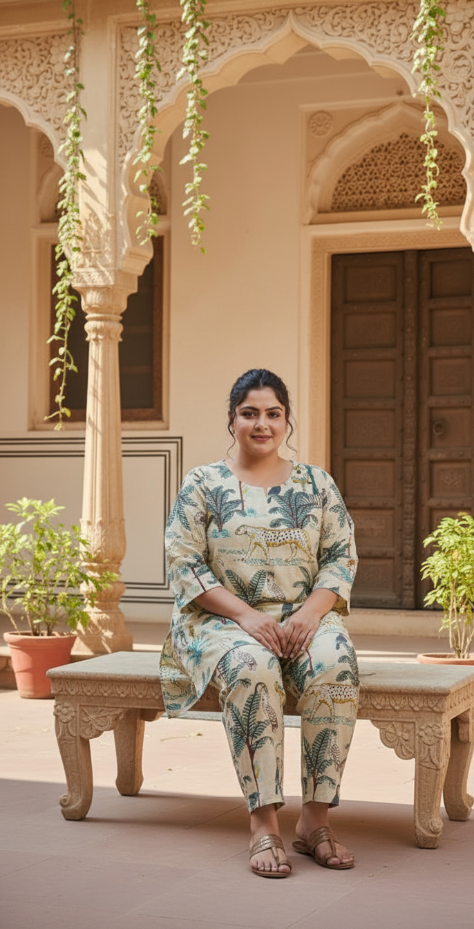 Plus Size Beige Jungle Cotton Co-ord Set – Comfortable Everyday Wear for Women