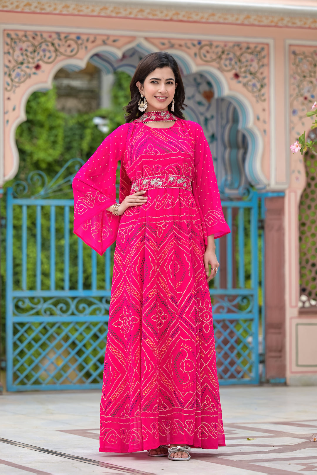 Traditional Bhandhej Style Anarkali kurta set Pink