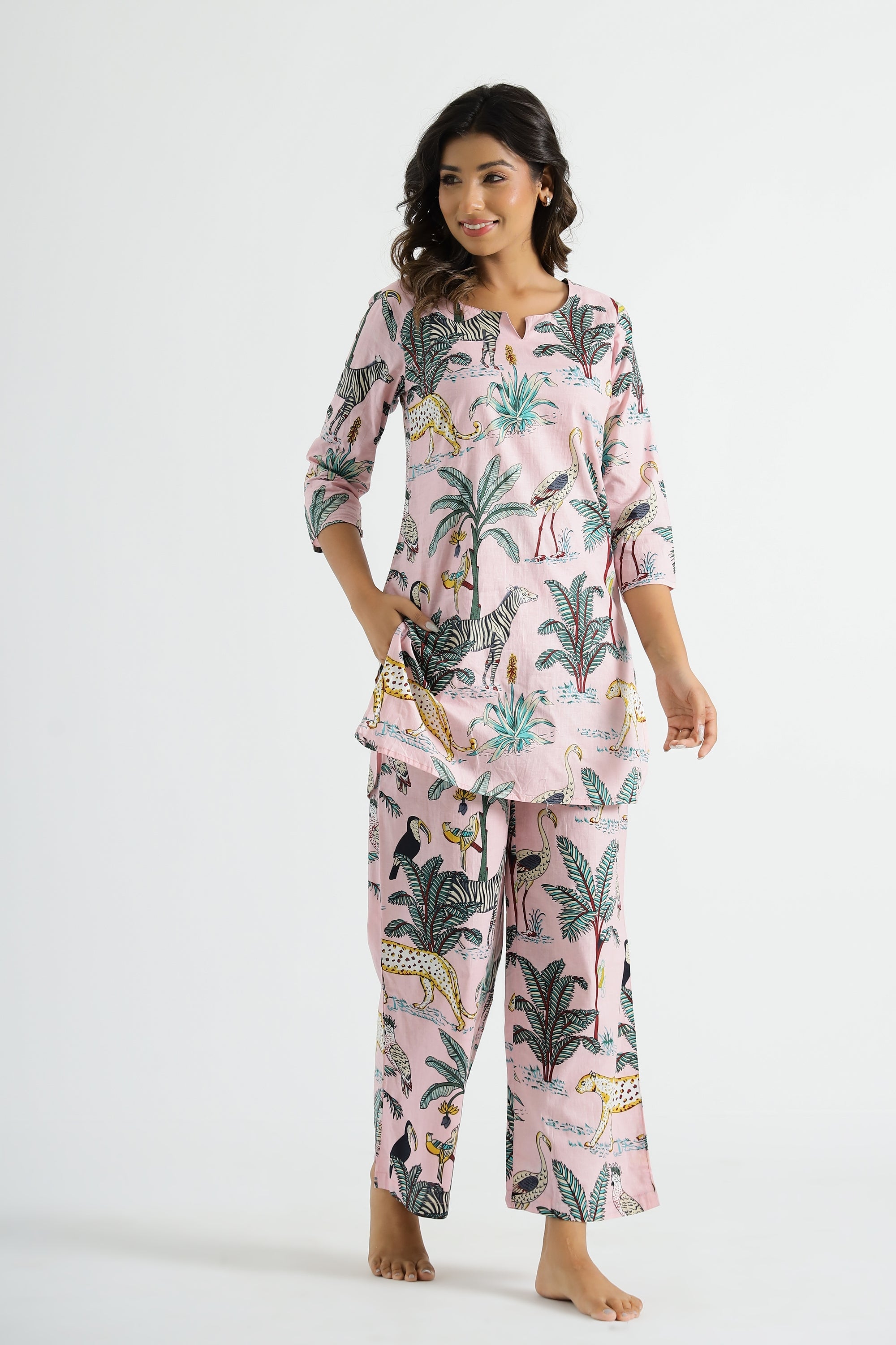 Blue - Jacquard Cotton Top & Pyjama Night Suit Set