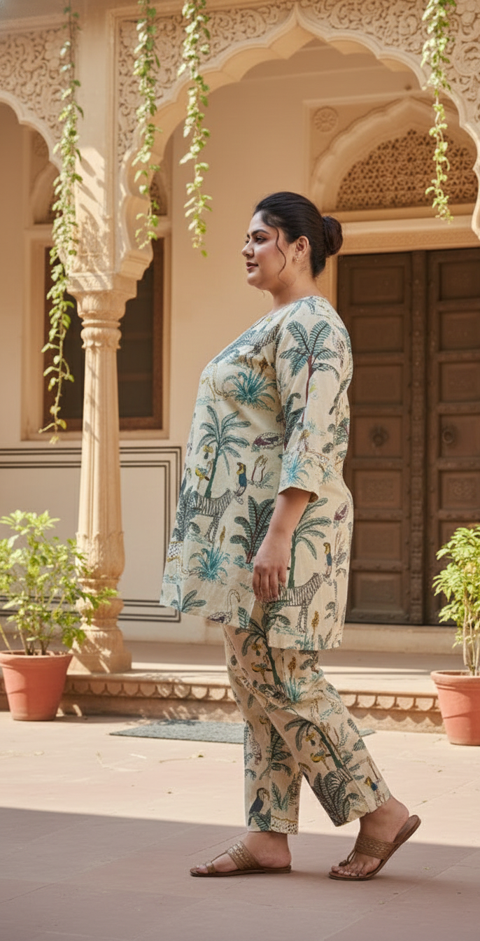 Plus Size Beige Jungle Cotton Co-ord Set – Comfortable Everyday Wear for Women