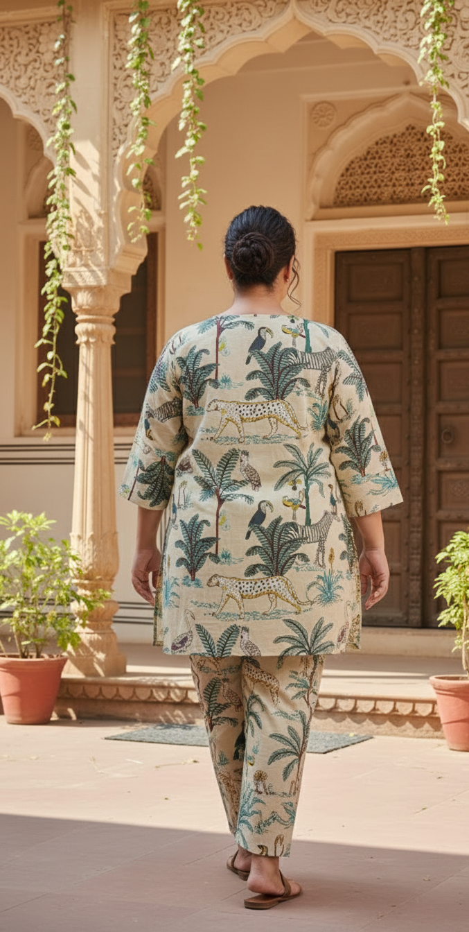 Plus Size Beige Jungle Cotton Co-ord Set – Comfortable Everyday Wear for Women