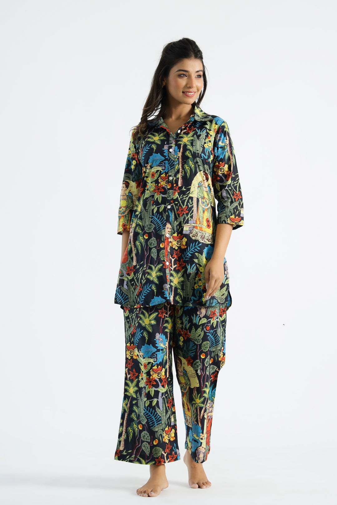 Lady In Jungle Black Collared Cotton Lounge Co-Ord Set with 7 button
